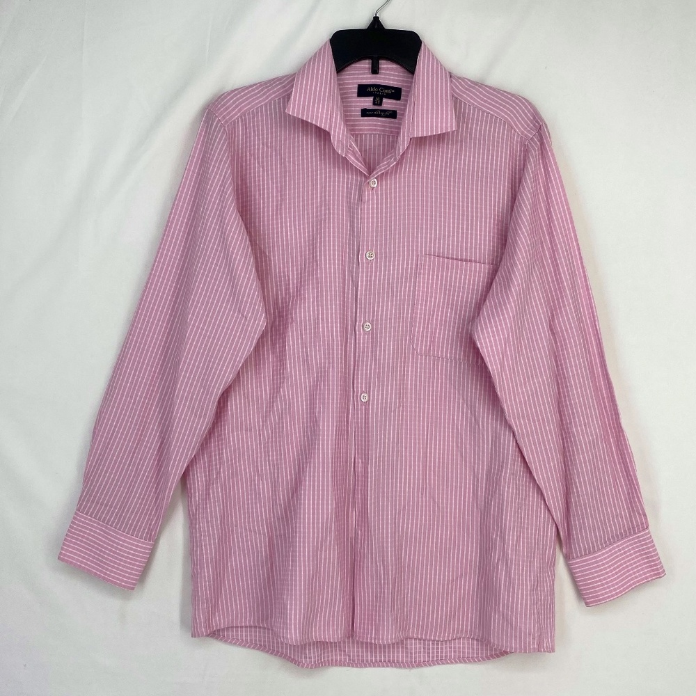 Aldo Conti Italia Mens Size 16 Button Front Shirt Pink White Check Long Sleeves